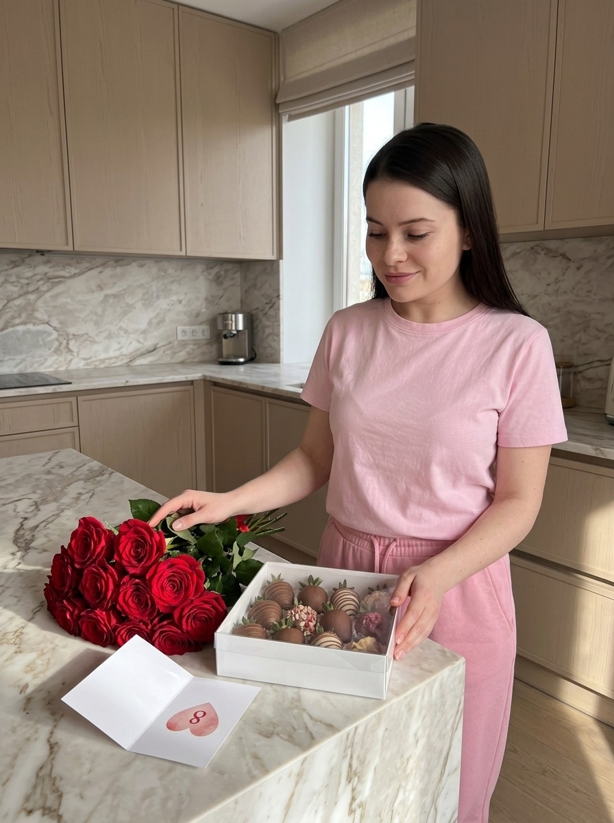 Женщина на кухне с розами и десертами