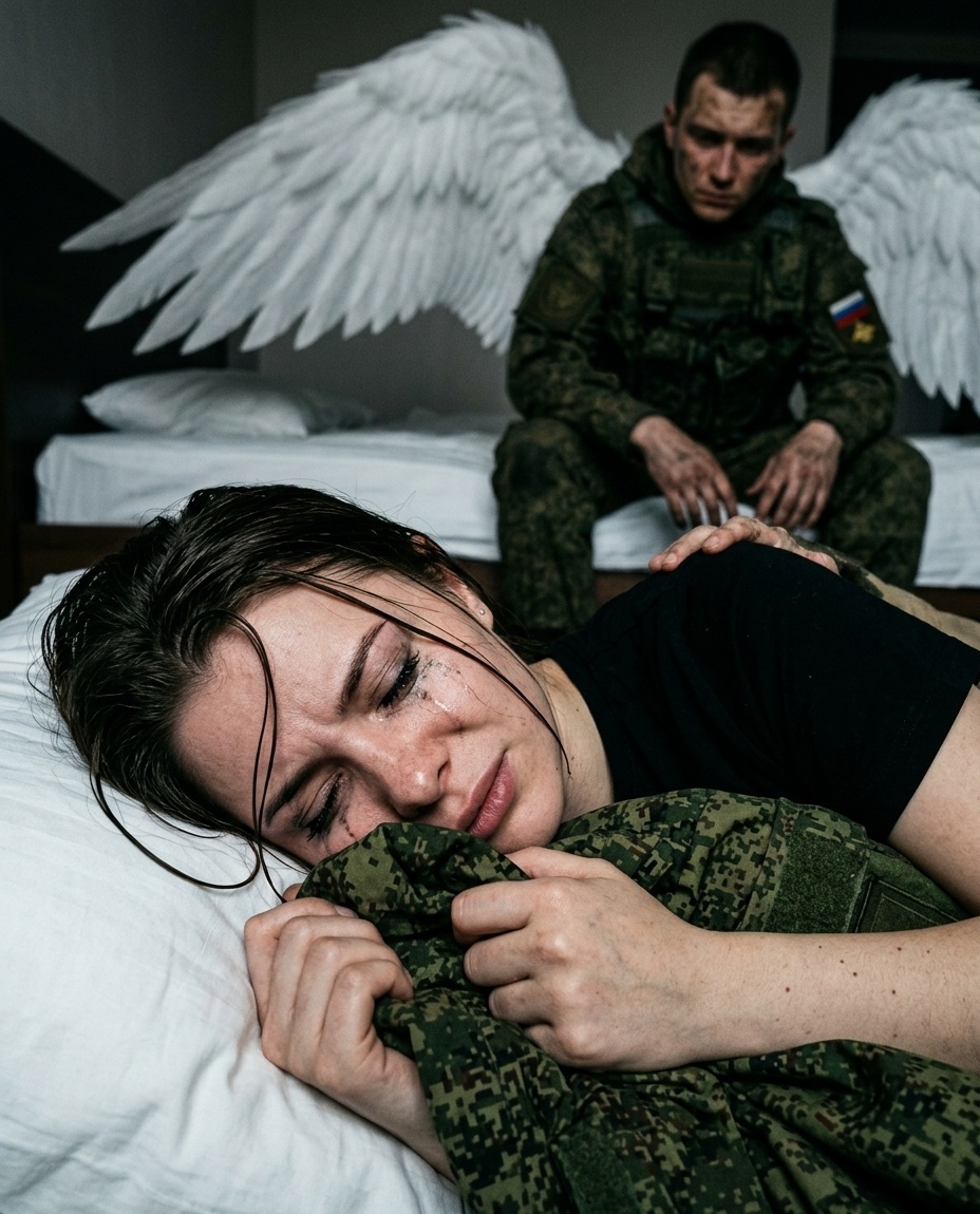 Девушка плачет с ангелом в военной форме