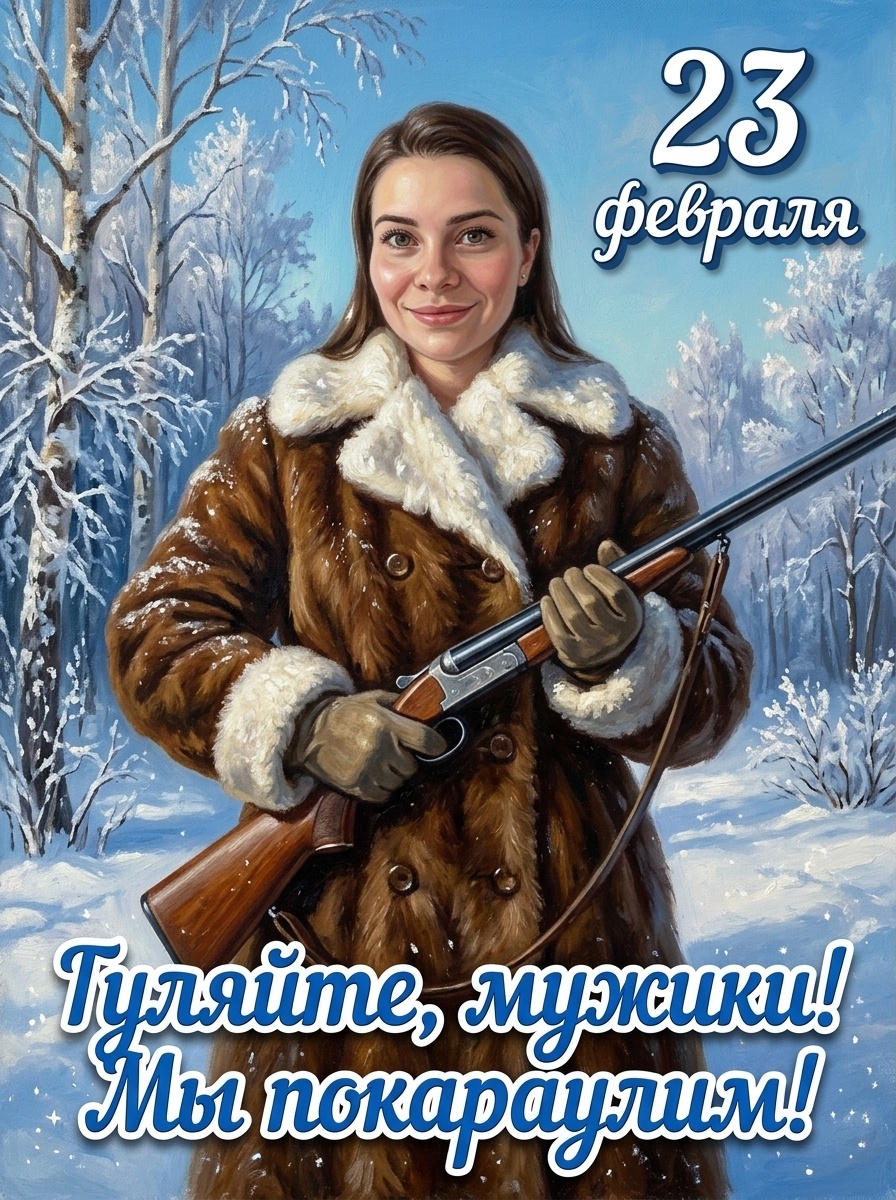 Юмористическая открытка к 23 февраля в русском зимнем стиле