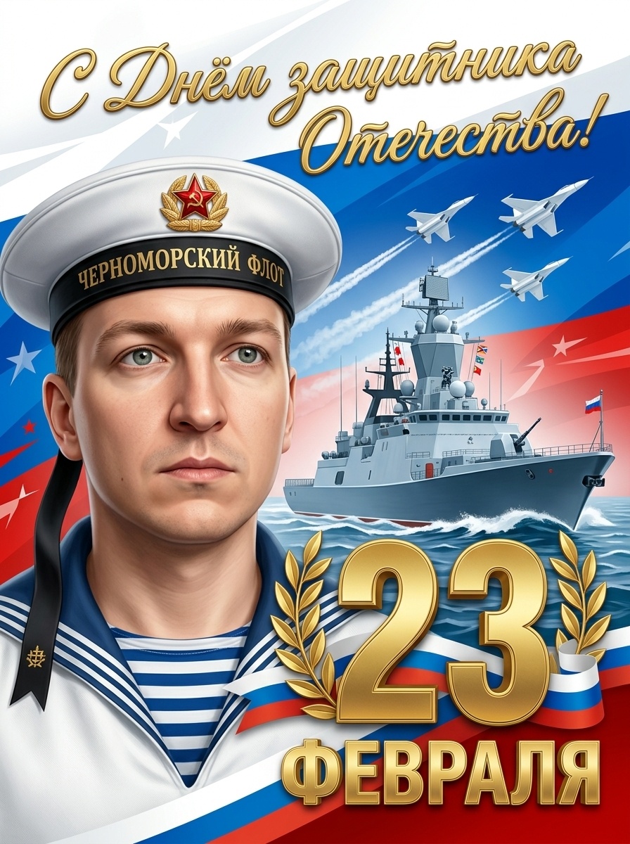 Открытка с моряком и кораблём к 23 февраля