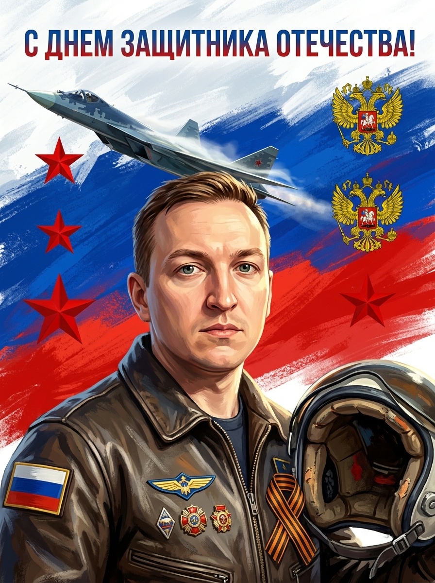 Портрет пилота ВКС России с истребителем в небе