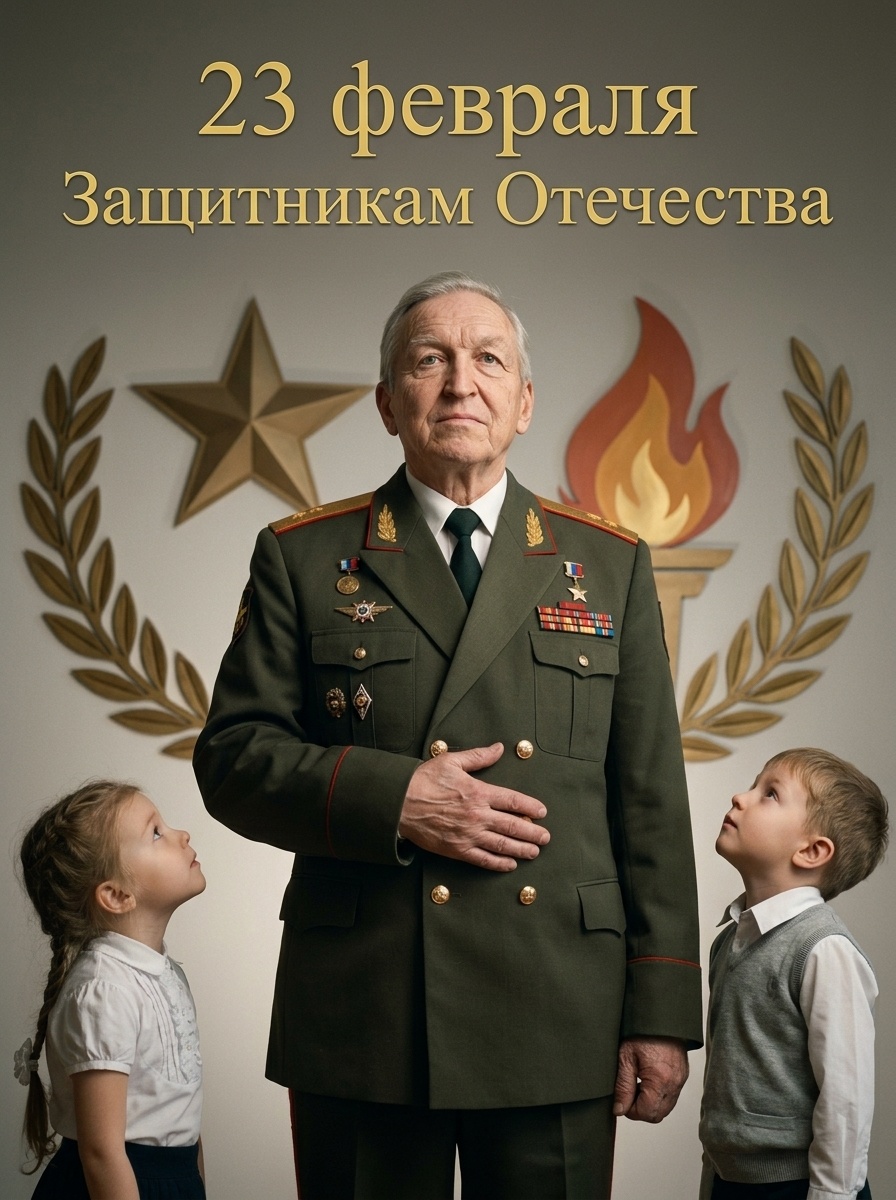 Киношный портрет ветерана с детьми в военной форме