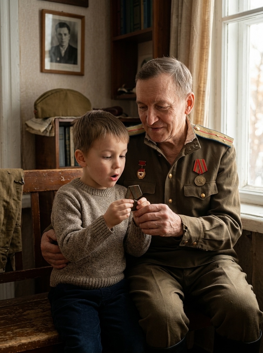 Портрет ветерана и мальчика в домашнем интерьере на 23 февраля