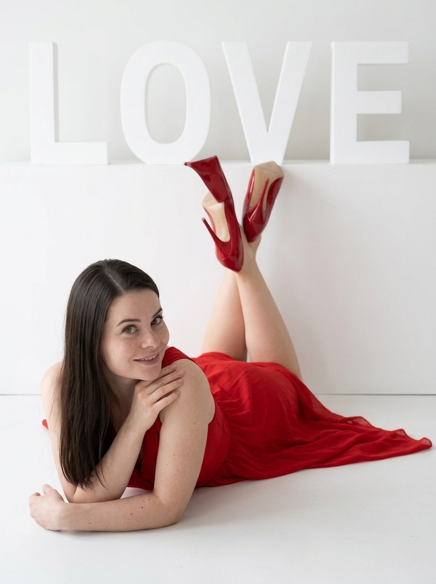 Fashion-образ с надписью LOVE и композицией ног