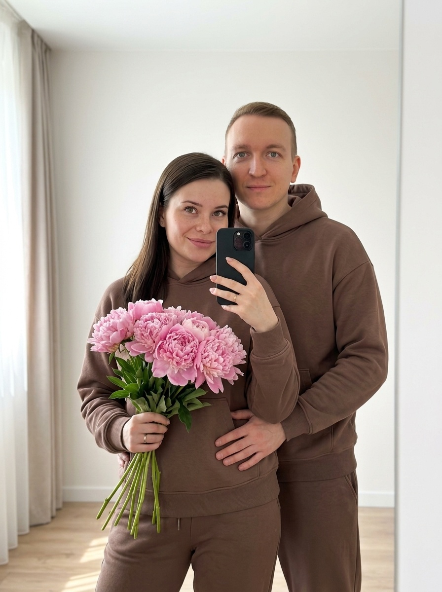 Парный портрет у зеркала с пионами в интерьере