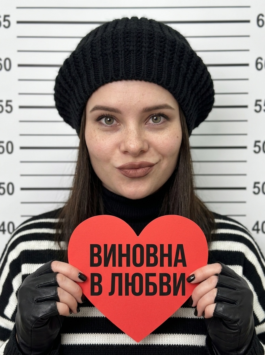 Портрет девушки с плакатом в стиле полицейской съёмки