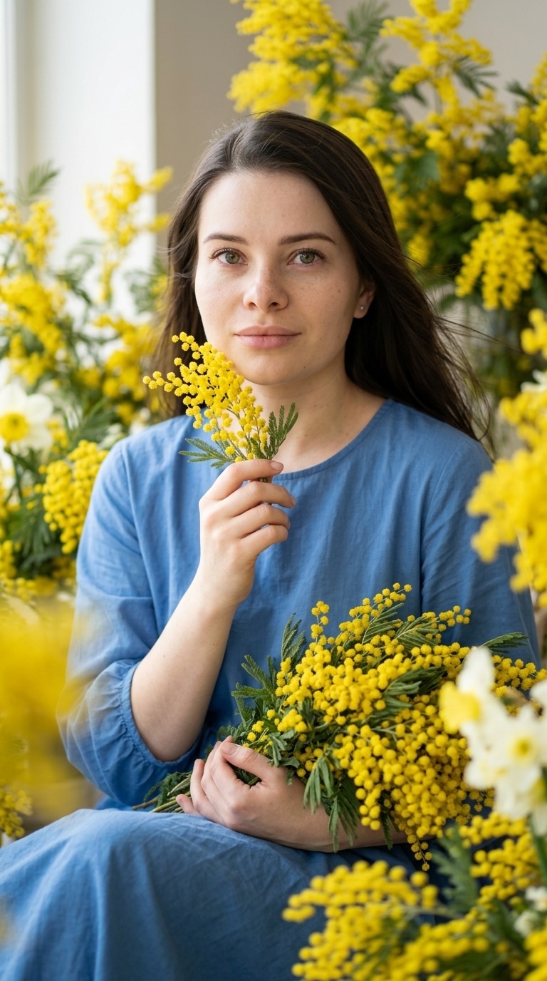 Весенний портрет девушки с мимозой